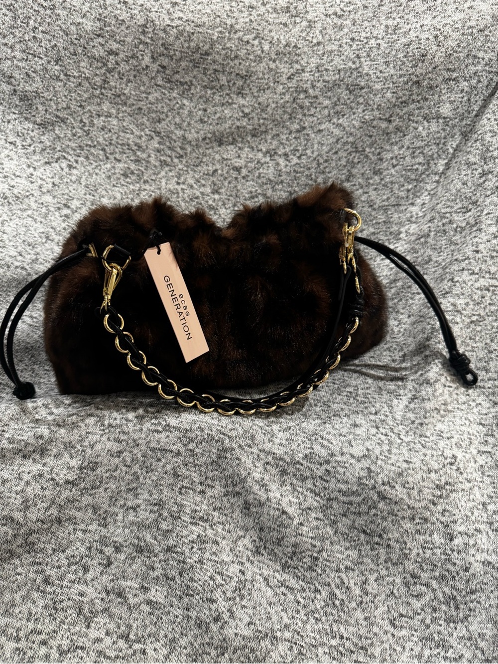 BCBGeneration Brown Faux Fur Clutch with Gold Chain Strap